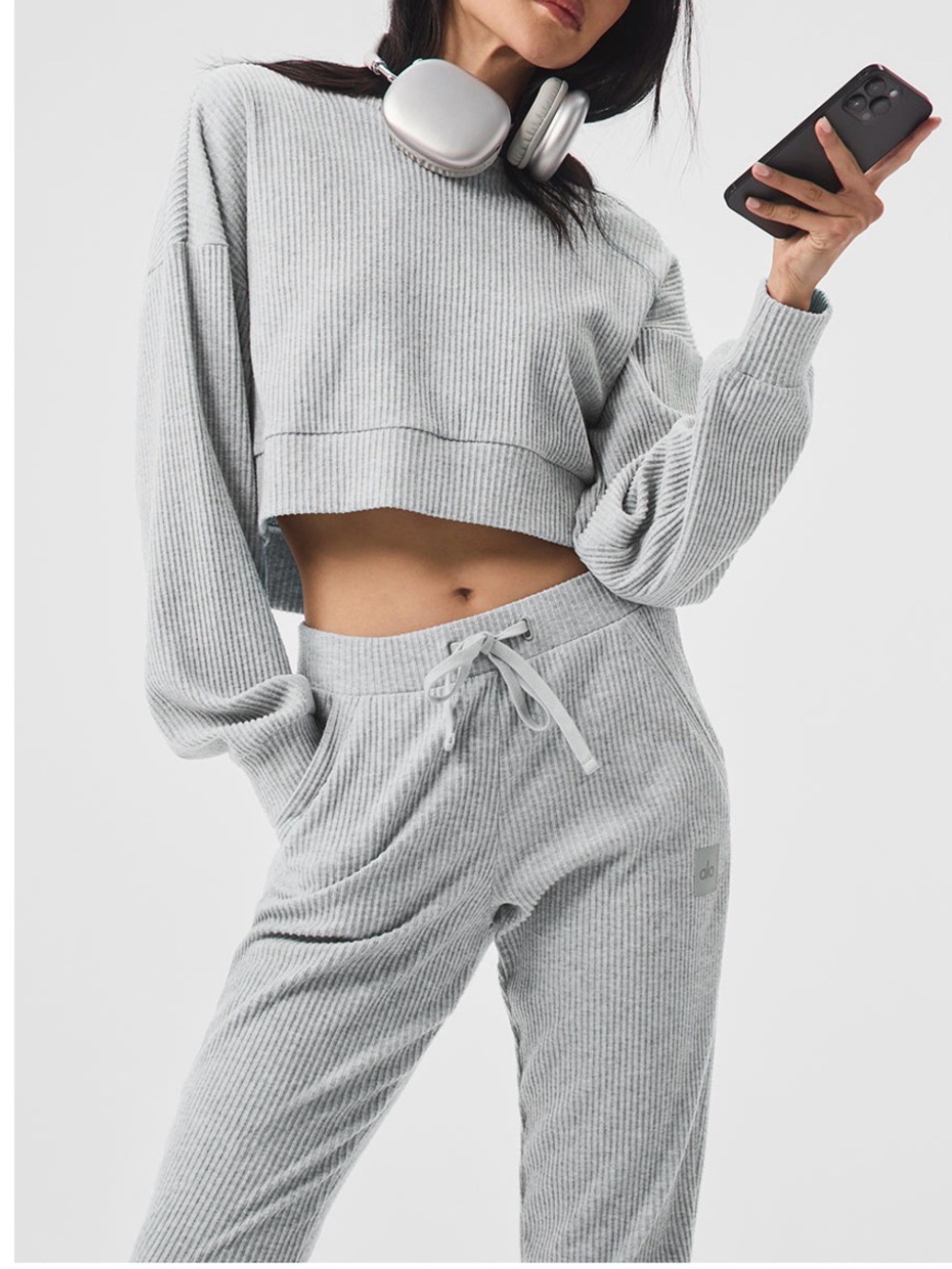 Alo yoga muse ribbed light grey set - hoodie XS & bottoms small